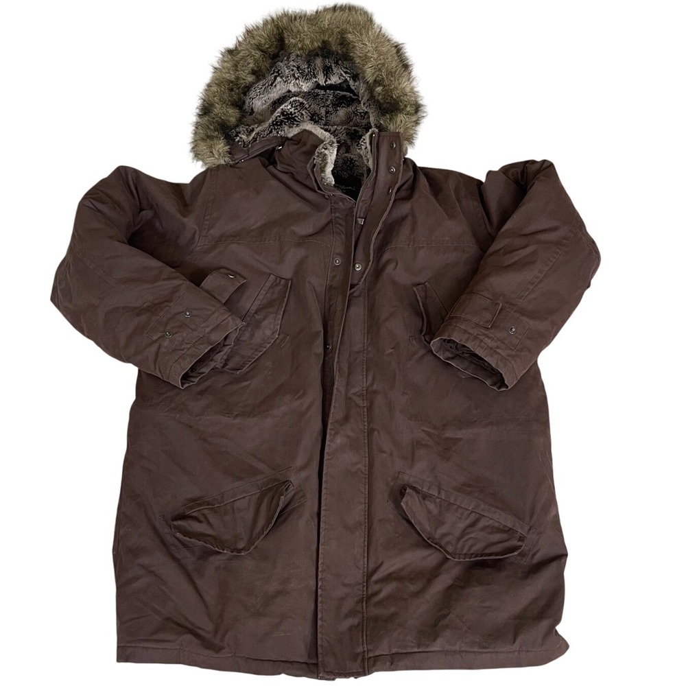 Eddie Bauer Men Brown Goose Down Parka Faux Fur Hood Heavy Winter Jacket XXL